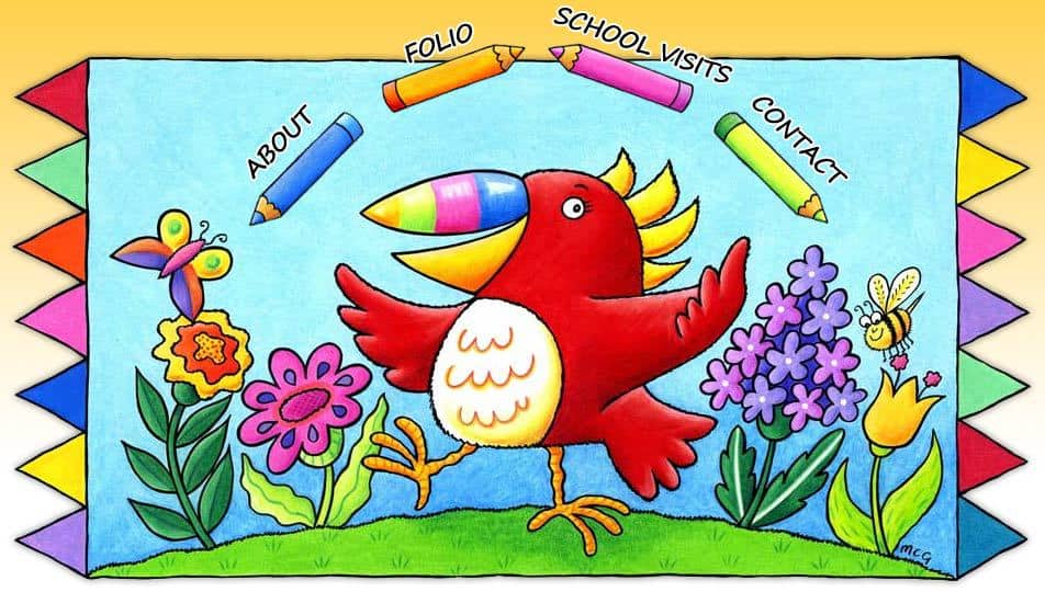 Picture of a big bird drawn by Marjory, and the website menu (About, Folio, School Visits, Contact)